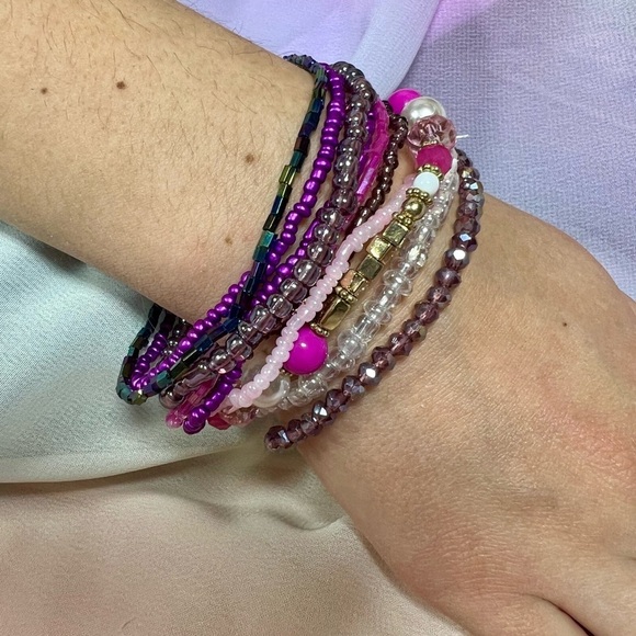 Royal Raspberry Beaded Bracelet Stack with Elastic OS - Picture 6 of 7